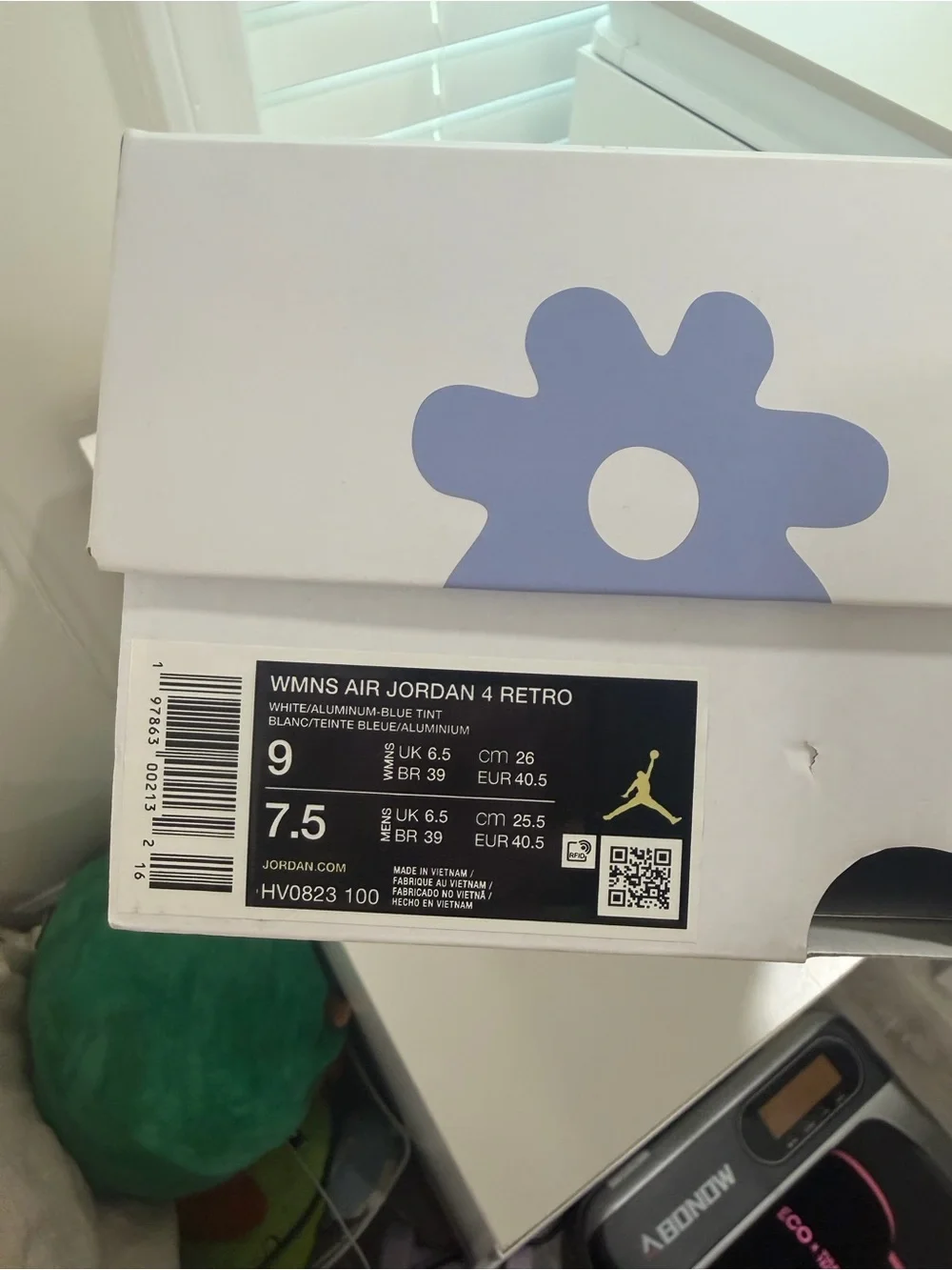 White and Light Blue Jordan 4s Sneakers with Flowers